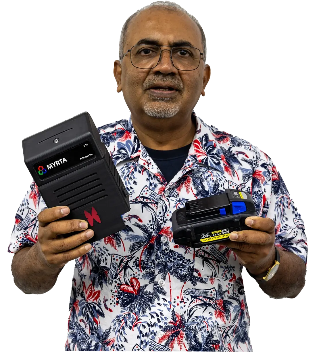Battery Powered MYRTA PCR Machine Held by Abe Oommen